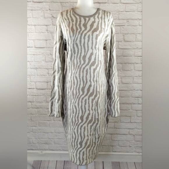 L Express Womens Cream Taupe Zebra Print Curvy Long Sleeve Midi Sweater Dress L - Picture 13 of 15